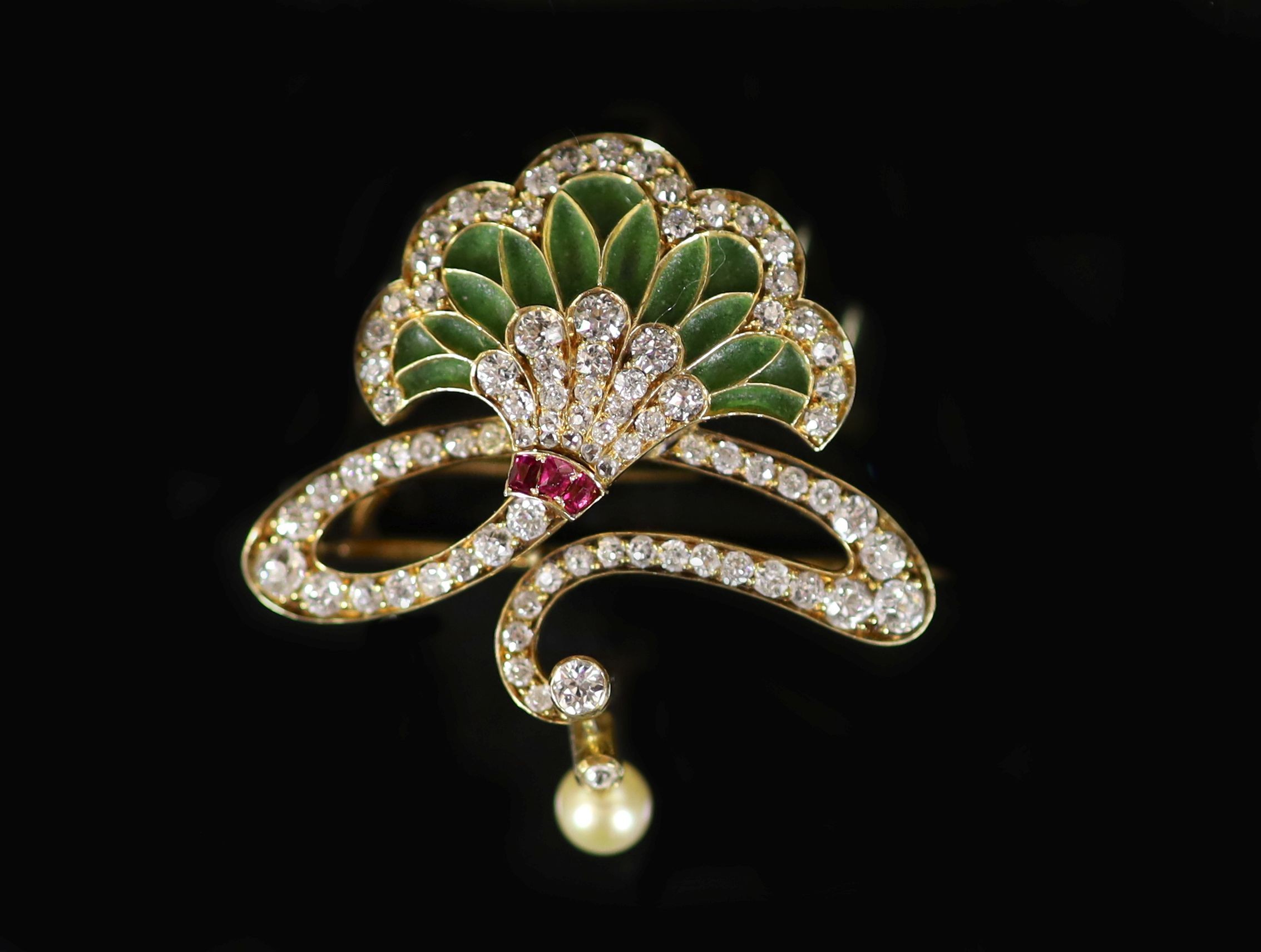 A Continental gold, ruby, diamond, plique a jour enamel and drop pearl set clip brooch